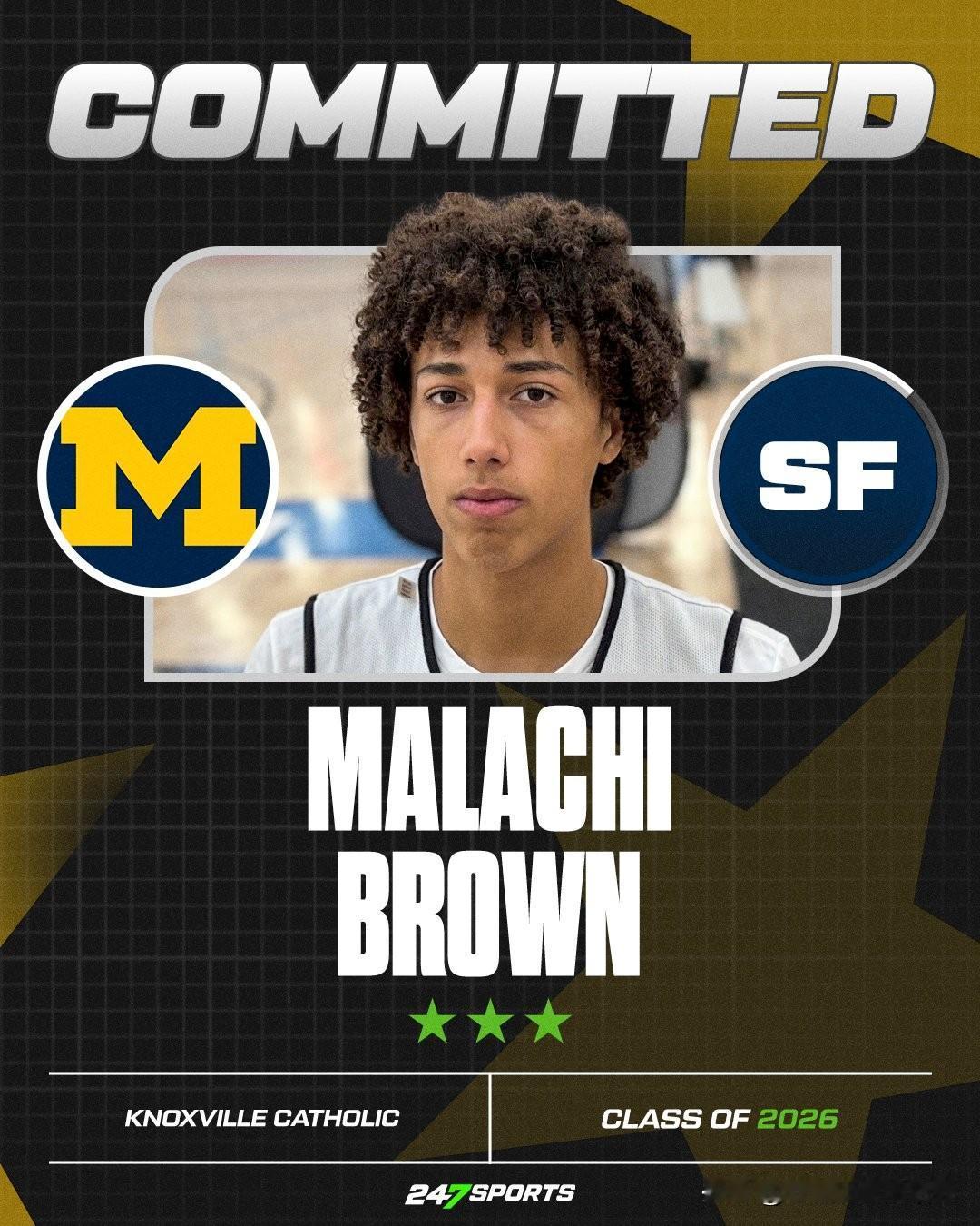 小前锋Malachi Brown宣布承诺NCAA男篮 密歇根大学，来自田纳西州，