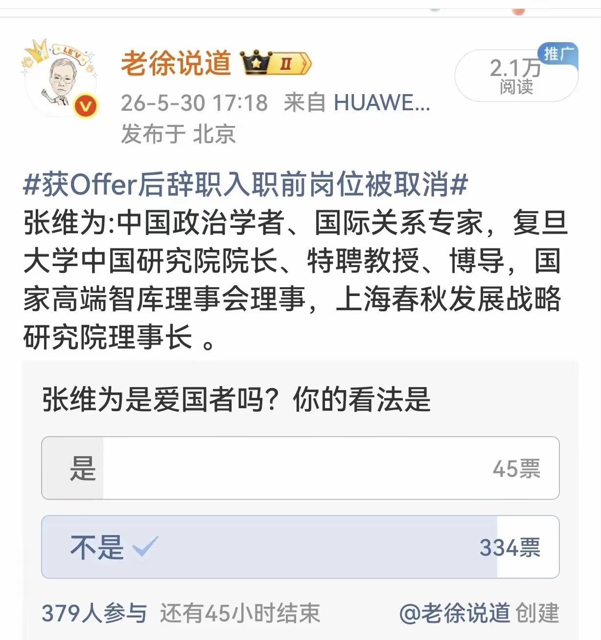 张教授到底是不是爱国？从民意测验可以看出，大部分人对他的“爱国”是持质疑态度的！