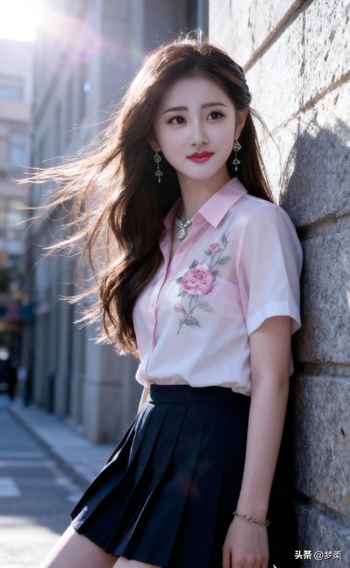 阳光下的少女，粉色的衬衫和黑色的裙子，甜美又优雅