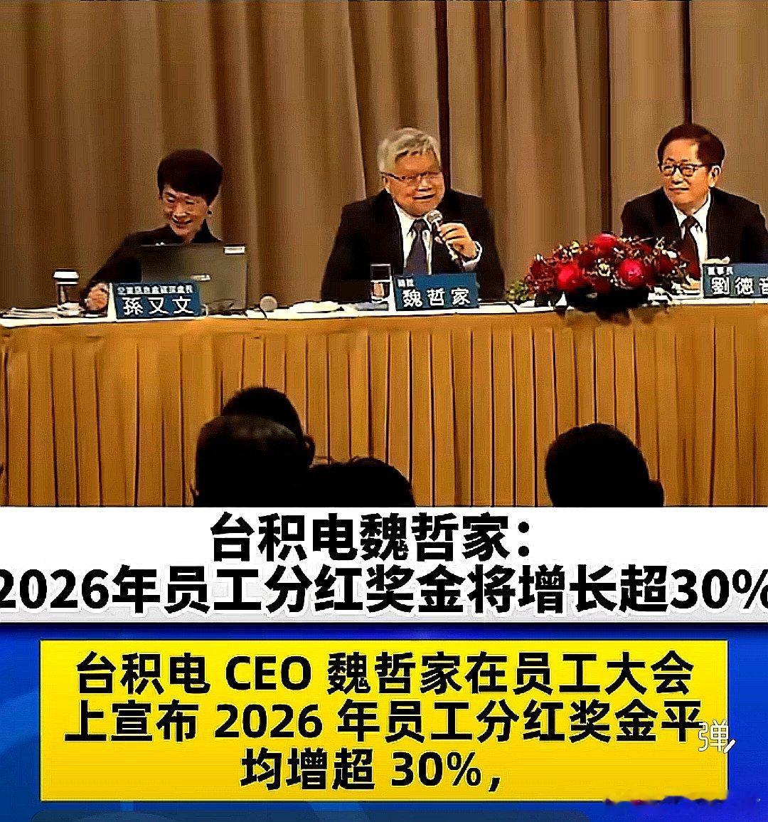 台湾台积电CEO魏哲家在员工大会上表示：2026年员工分红奖金将增长超30%。给