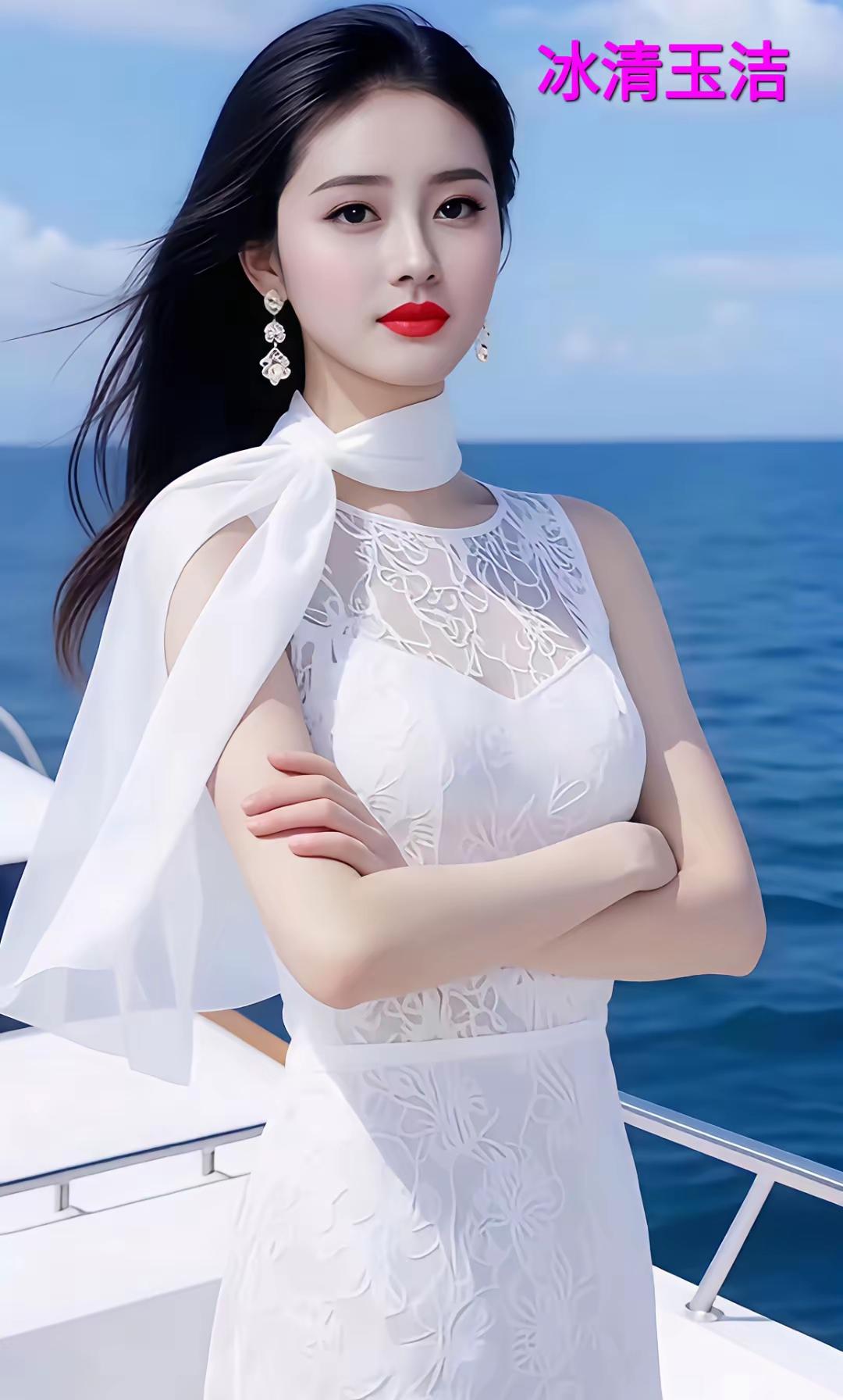 冰清玉洁，海风轻拂，优雅白裙，海天一色。