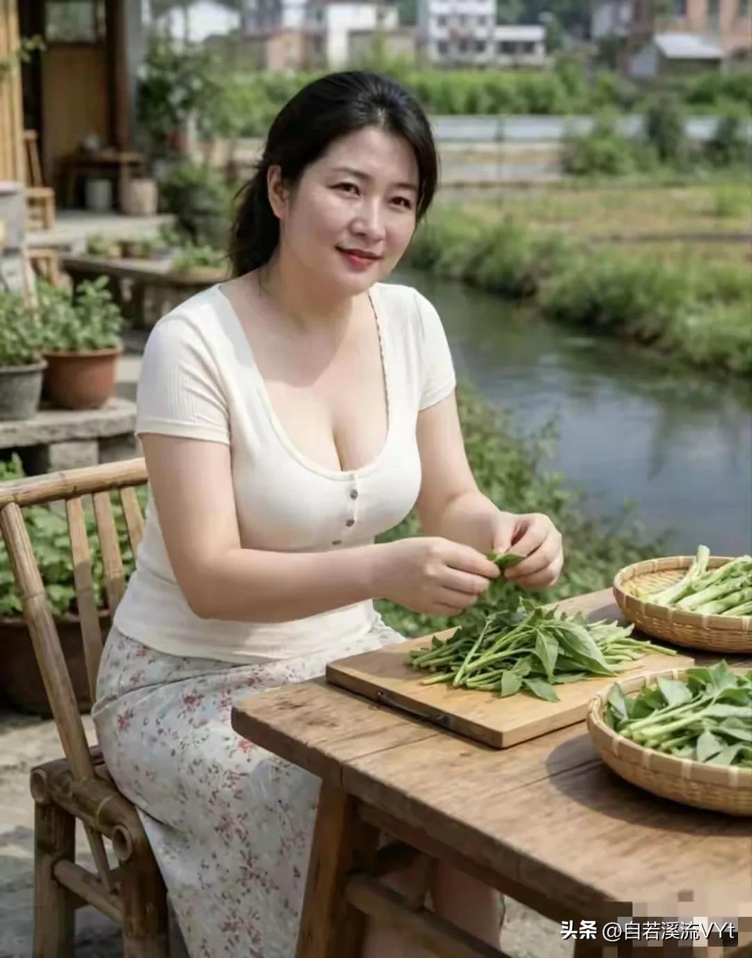 山花子·烟火情
 
碧水村边漾浅波，幽庭闲理嫩新禾。
静拾青蔬烟火里，意柔和。
