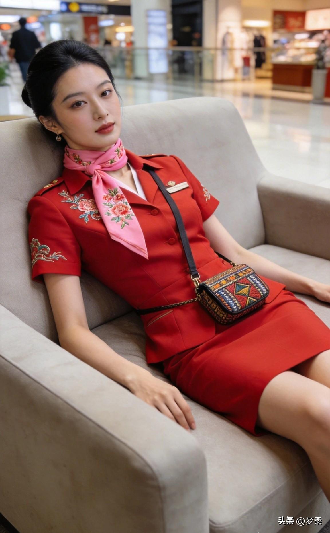 优雅空姐穿搭，红色连衣裙搭配粉色丝巾，机场候机室的时尚瞬间！