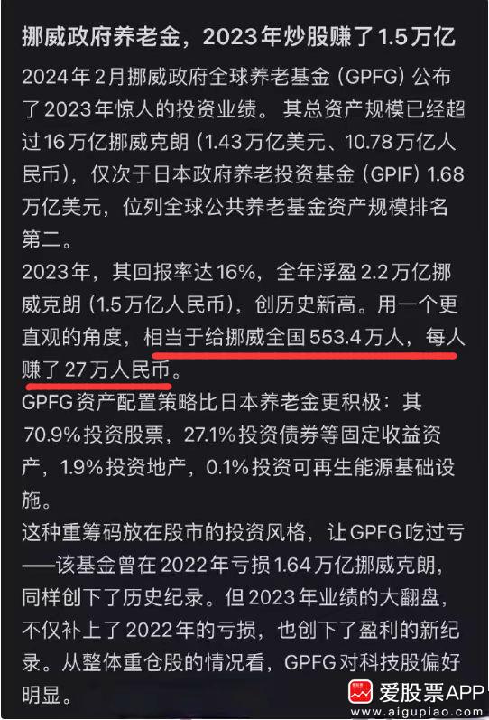 看到个新闻，说挪威政府养老金，2023年炒股赚了1.5万亿，投资回报率为16.1