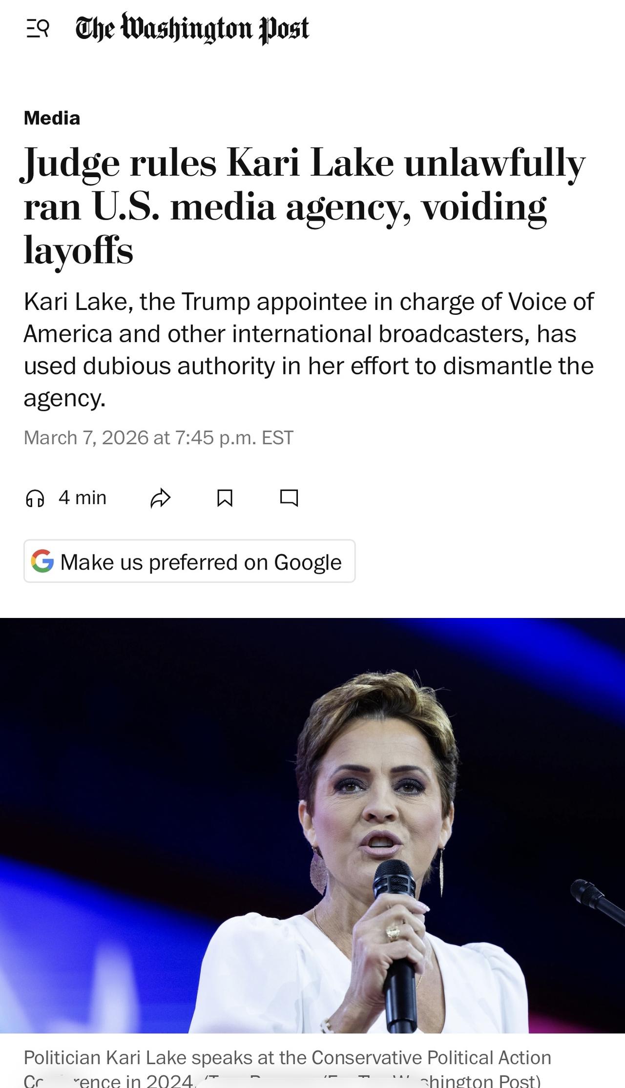 美国一名联邦法官裁定，卡里·莱克Kari Lake 非法担任美国全球媒体署（负责