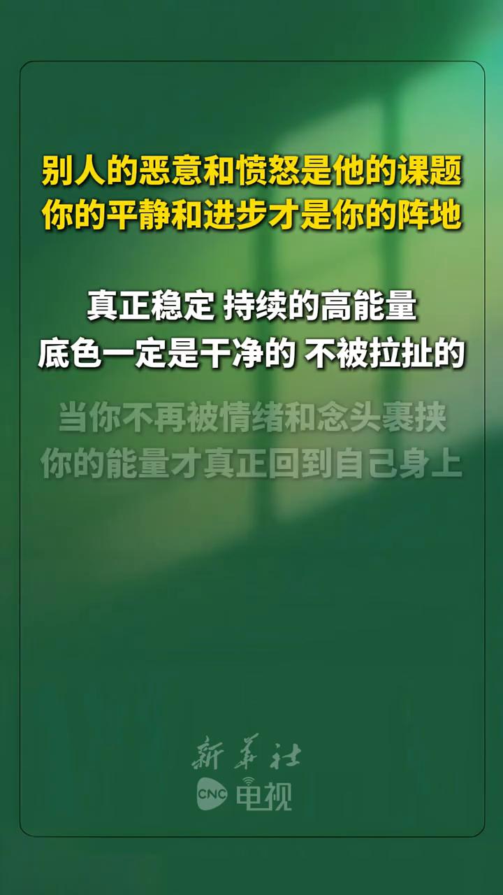 别人的恶意和愤怒是他的课题，你的平静和进步才是你的阵地。真正稳定持续的高能量底色