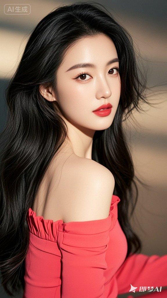 晒出女性魅力人美，美彤彤，披肩柔顺黑长发，樱花红衣服一字肩，高清，蓝光，高级，高