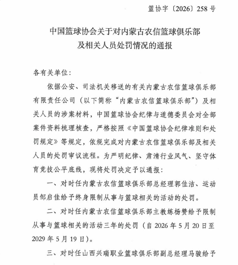 中国篮协：在2023-2024赛季中国女子篮球联赛期间，内蒙古农信篮球俱乐部总经