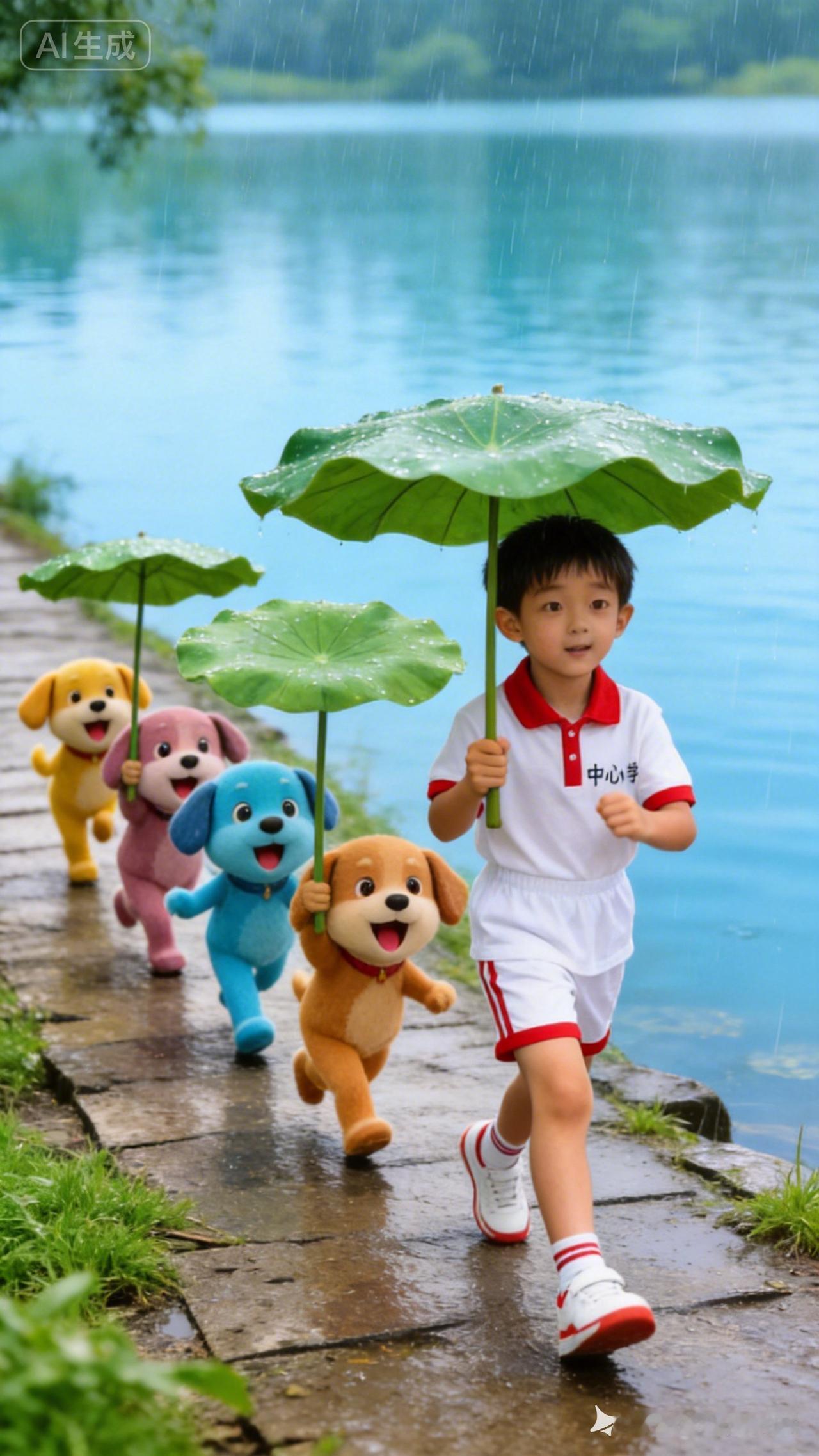 雨中漫步，萌宠相伴，童趣满满！🌧️🐶🐱🐾
