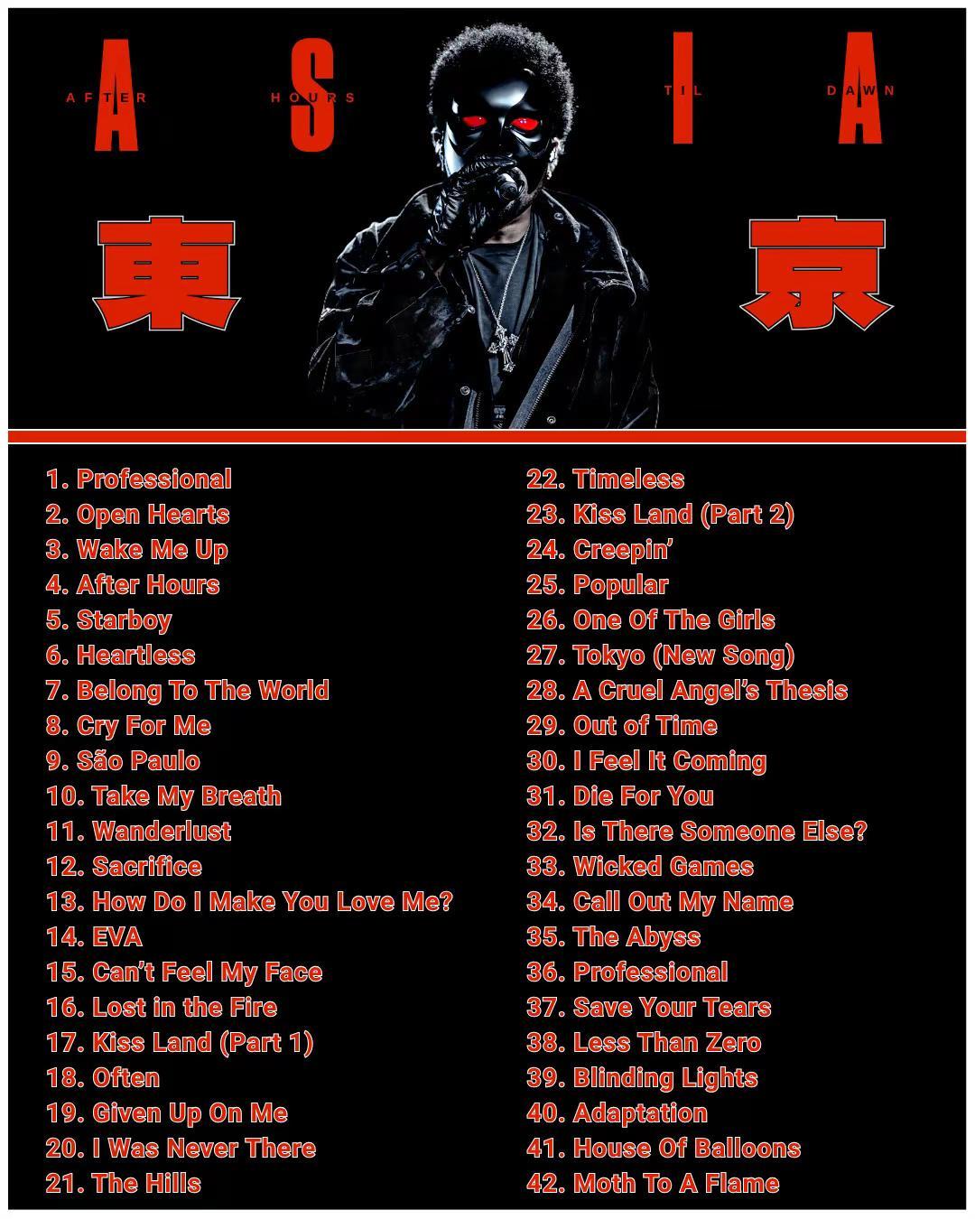 The Weeknd 亚洲巡演首晚歌单。TheWeeknd TheWeeknd亚