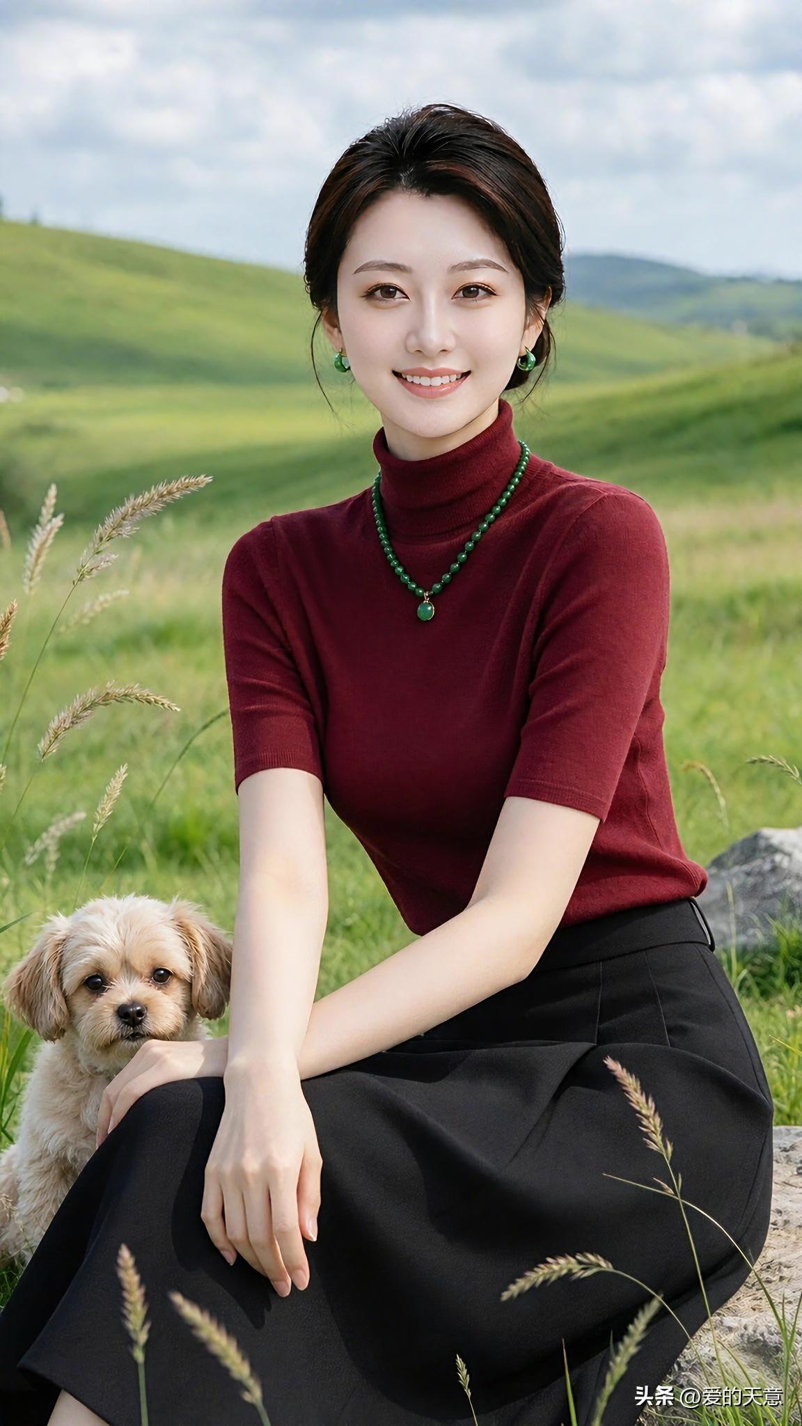 山野清风拂面，酒红色高领短袖温婉大方，身旁小狗相伴。在青青草地上，安然浅笑，享受