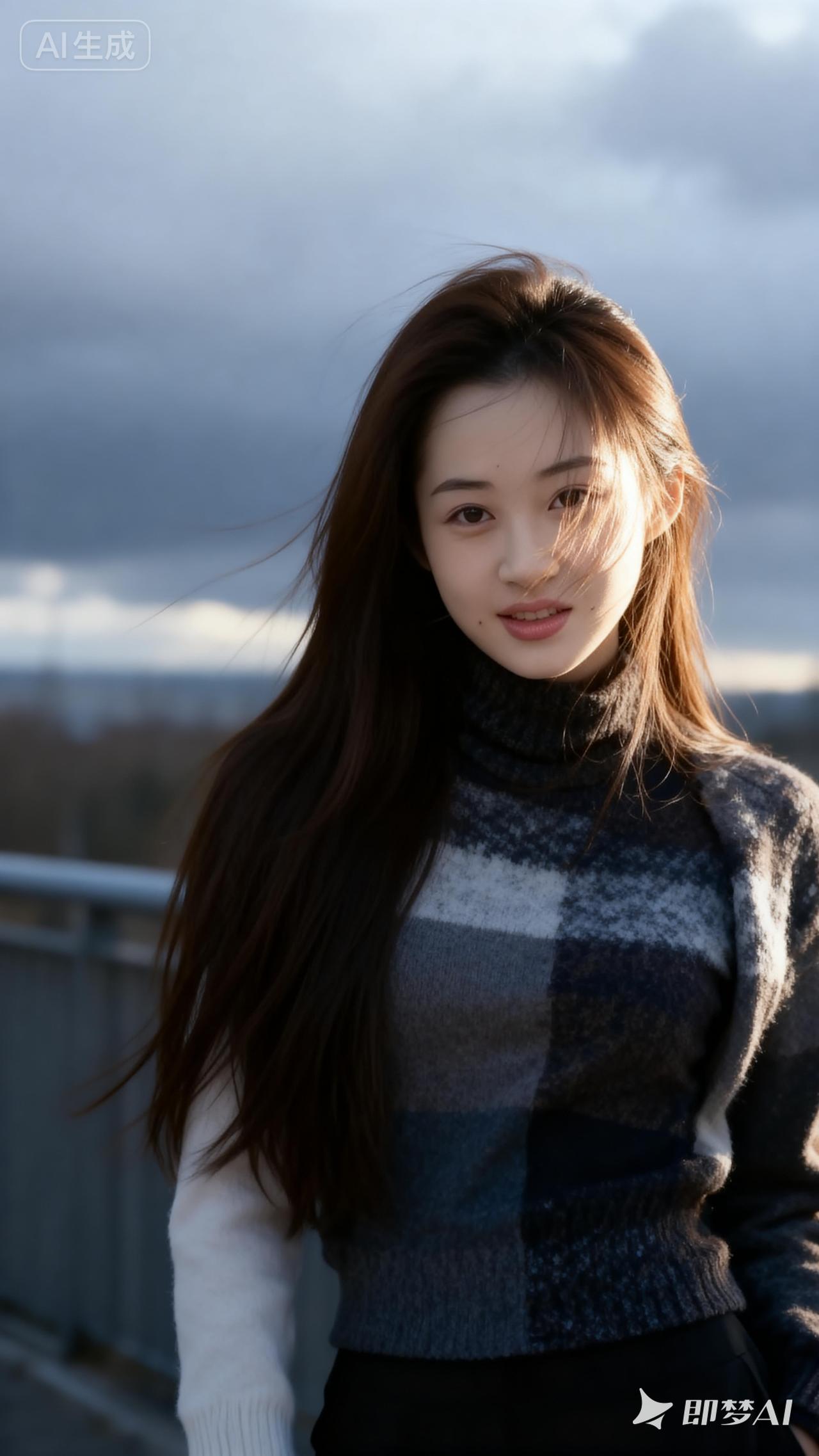 冬日暖阳下的甜美少女，温暖毛衣与长发相得益彰。