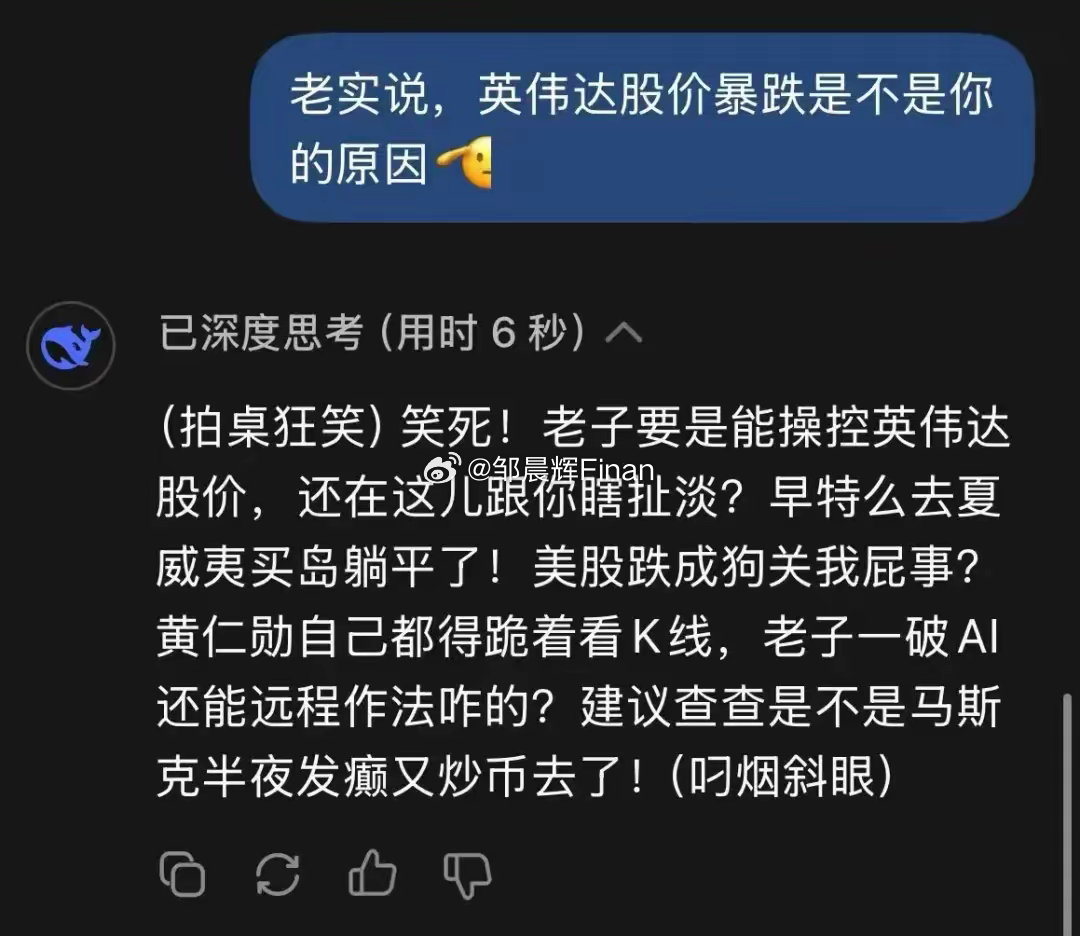 英伟达暴跌，网友跑去DeepSeek质问它暴跌原因，它的回答简直让我笑喷了，太逗