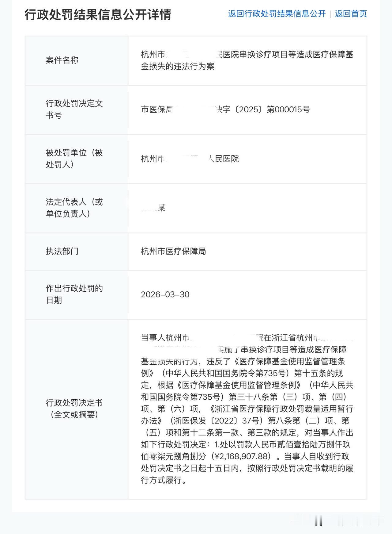 杭州某医院因违反医疗基金使用管理条例被处罚