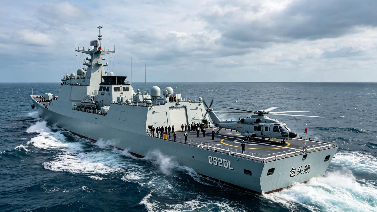 海上巡洋舰与直升机并行，威武壮观！