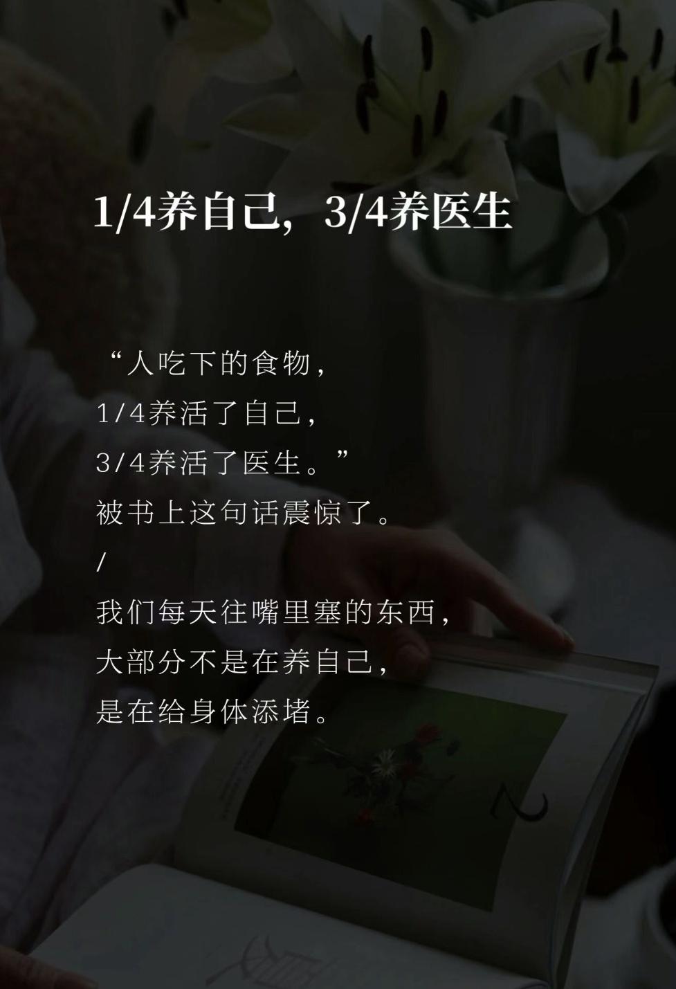 “人吃下的食物，1/4养活了自己，3/4养活了医生。”
 
被这句话惊到了。
我