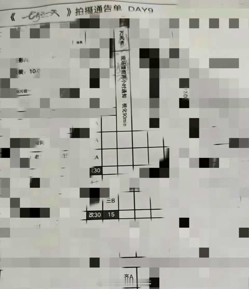 七月的一天拍摄通告单，田栩宁今天在正常拍摄。 ​​​