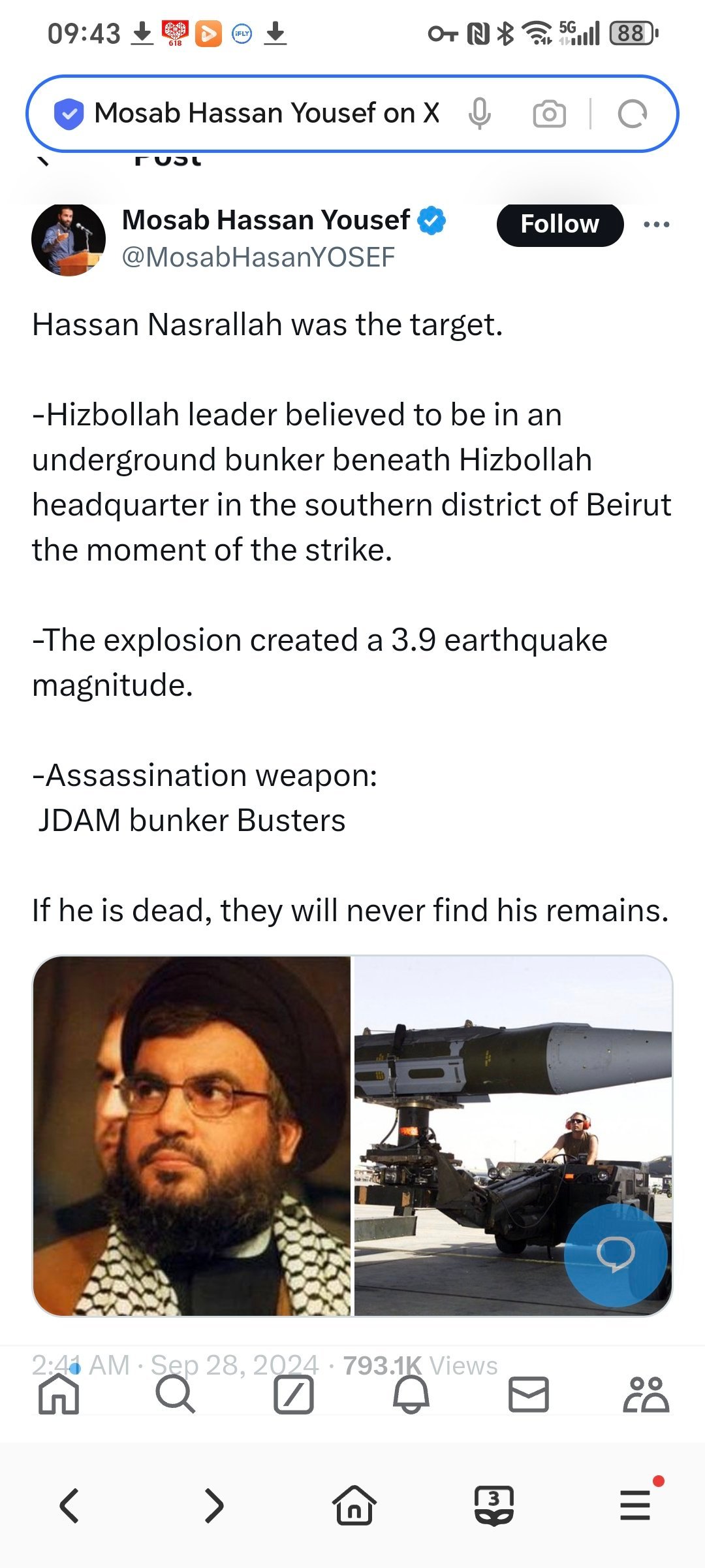 昨天以色列空军的目标是真主党领dao人哈桑-纳斯鲁拉。-据信，袭击发生时，真主党