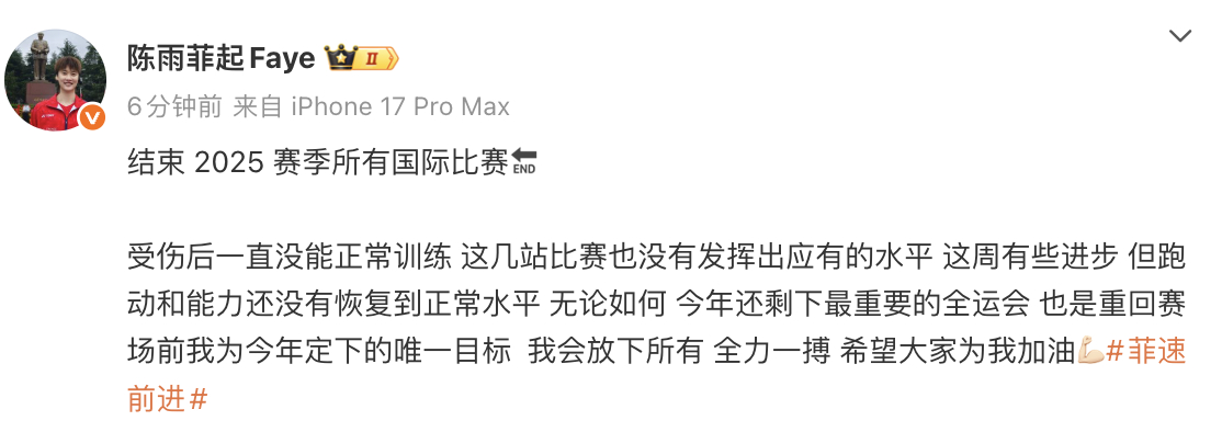 陈雨菲总结2025年国际比赛 发博：结束 2025 赛季所有国际比赛🔚受伤后一