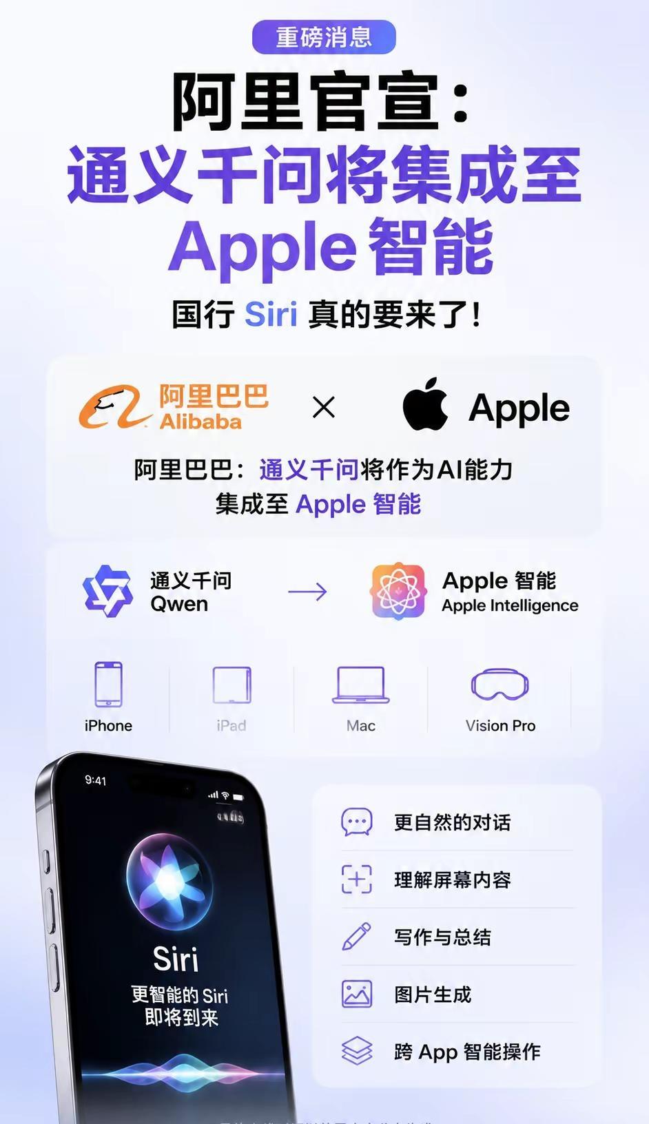 阿里千问正式接入Apple智能。国行Apple智能又有新进展。 阿里巴巴确认，通