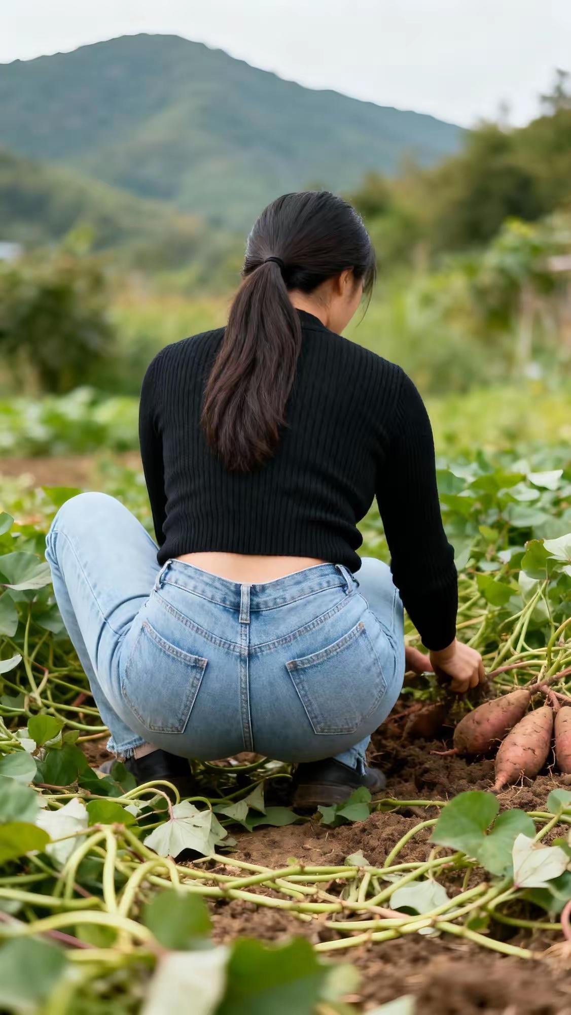 这位姑娘正在田里挖红薯呢。