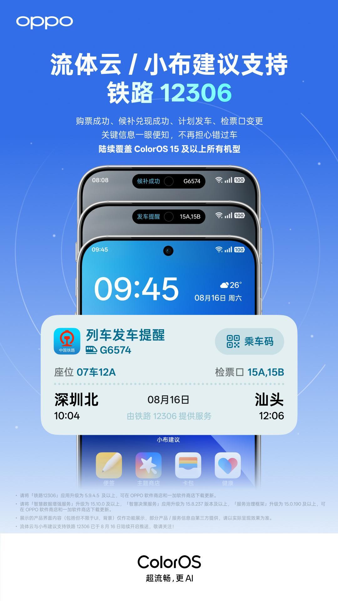 这个是真的方便，ColorOS 流体云/小布建议支持铁路12306，很快将覆盖搭