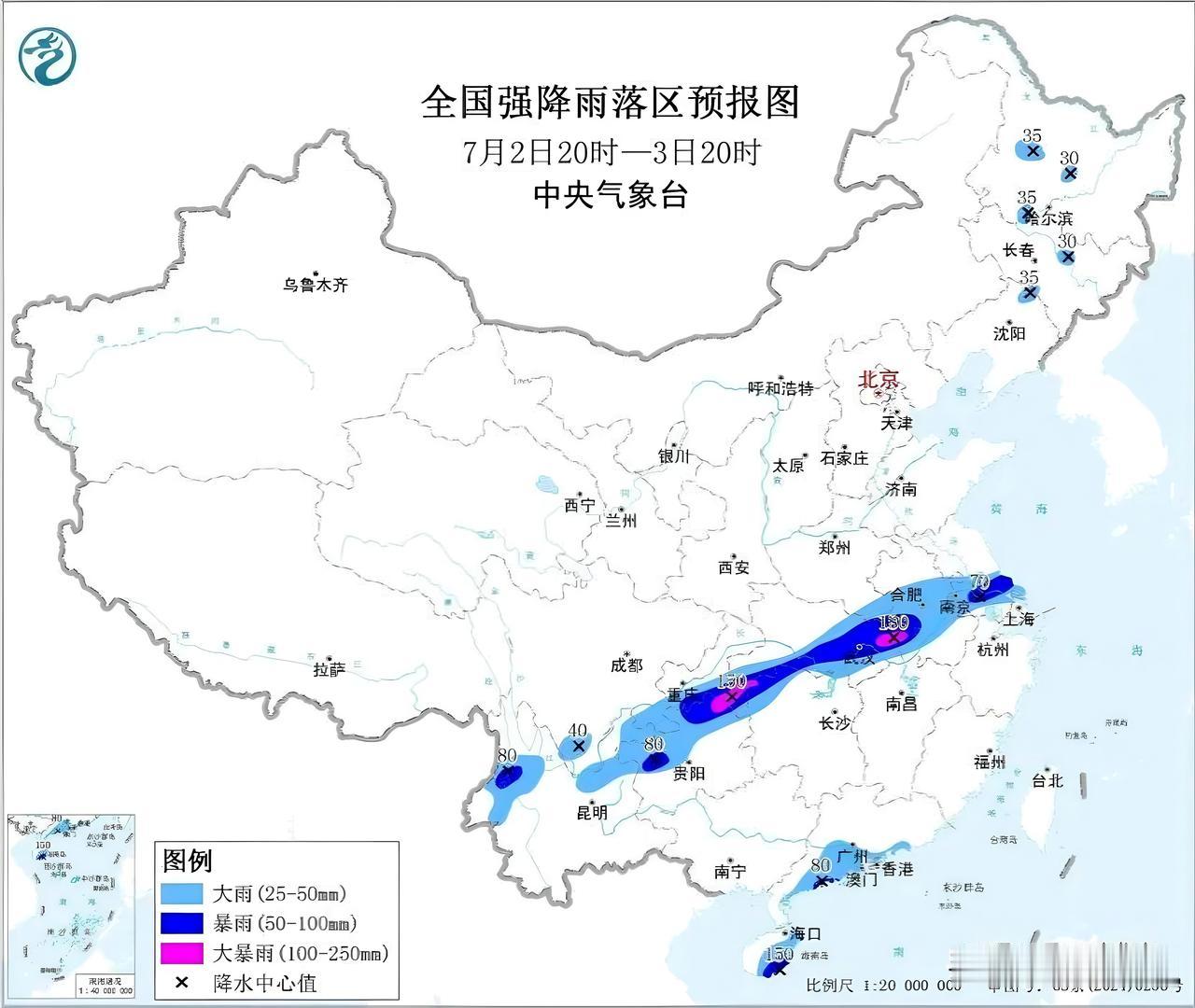 看这《降雨预报图》，我这刚好就在雨带那条线的延长线上，然后昨晚就下了一整夜的雨，