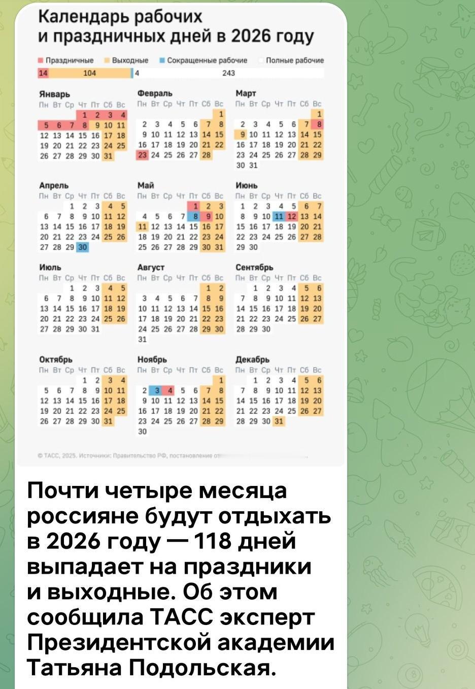 2026年俄罗斯人将休假近四个月 📅
 
2026年，俄罗斯人将拥有近四个月的