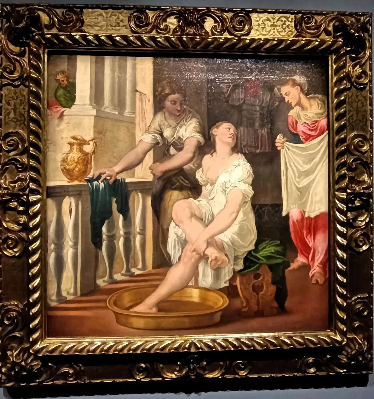 世界名画欣赏《沐浴中的巴特舍巴》
作者是多梅尼克·布魯薩索兹(維羅納，1516-