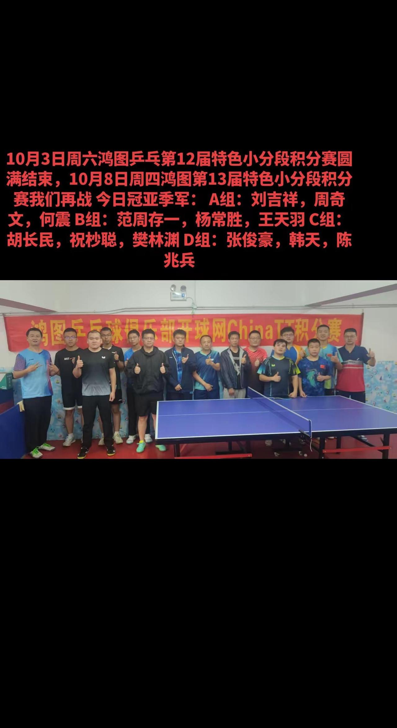 10月3日周六鸿图乒乓第12届特色小分段积分赛圆满结束，10月8日周四鸿图第13