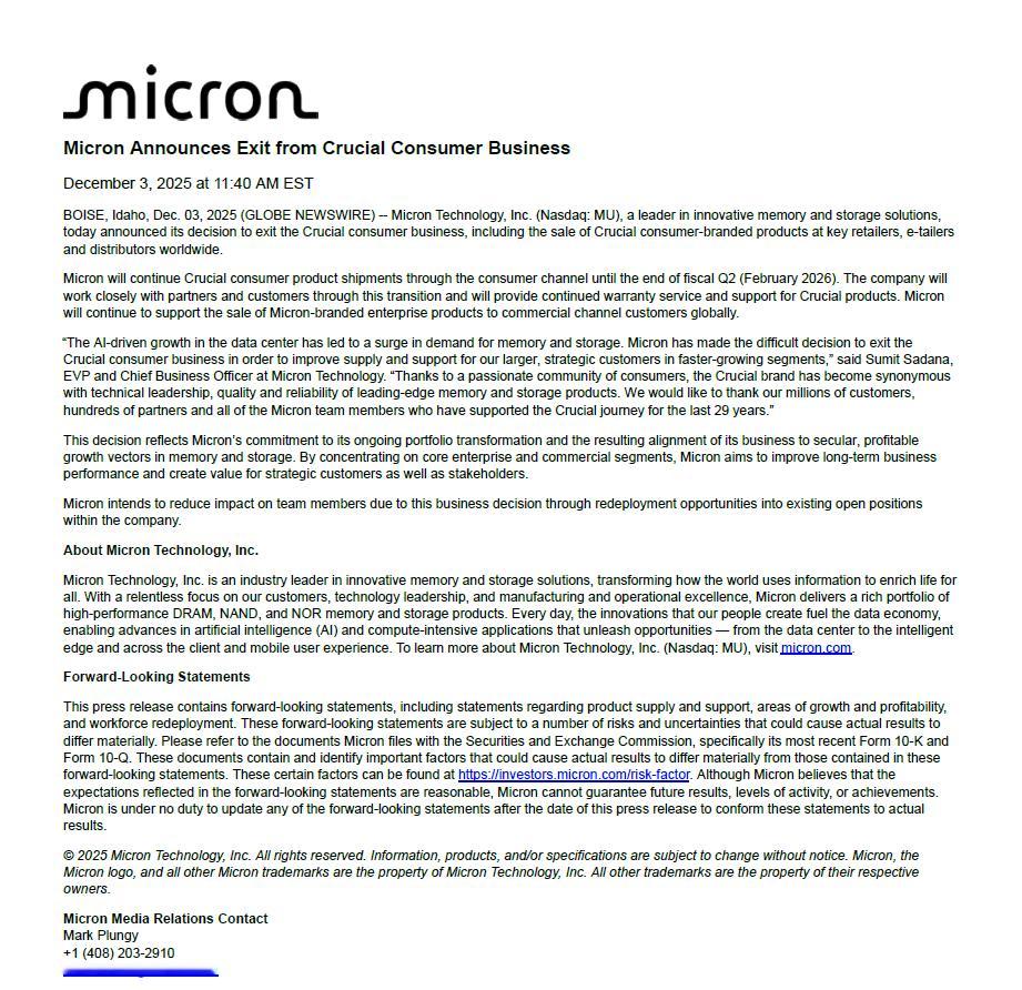 Micron（镁光）宣布退出消费级业务，停止英睿达（Crucial ）的零售业务