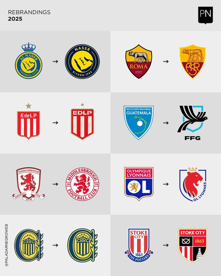 2025年一些球队的队徽变化

利雅得胜利

罗马（2026-27赛季启用）
