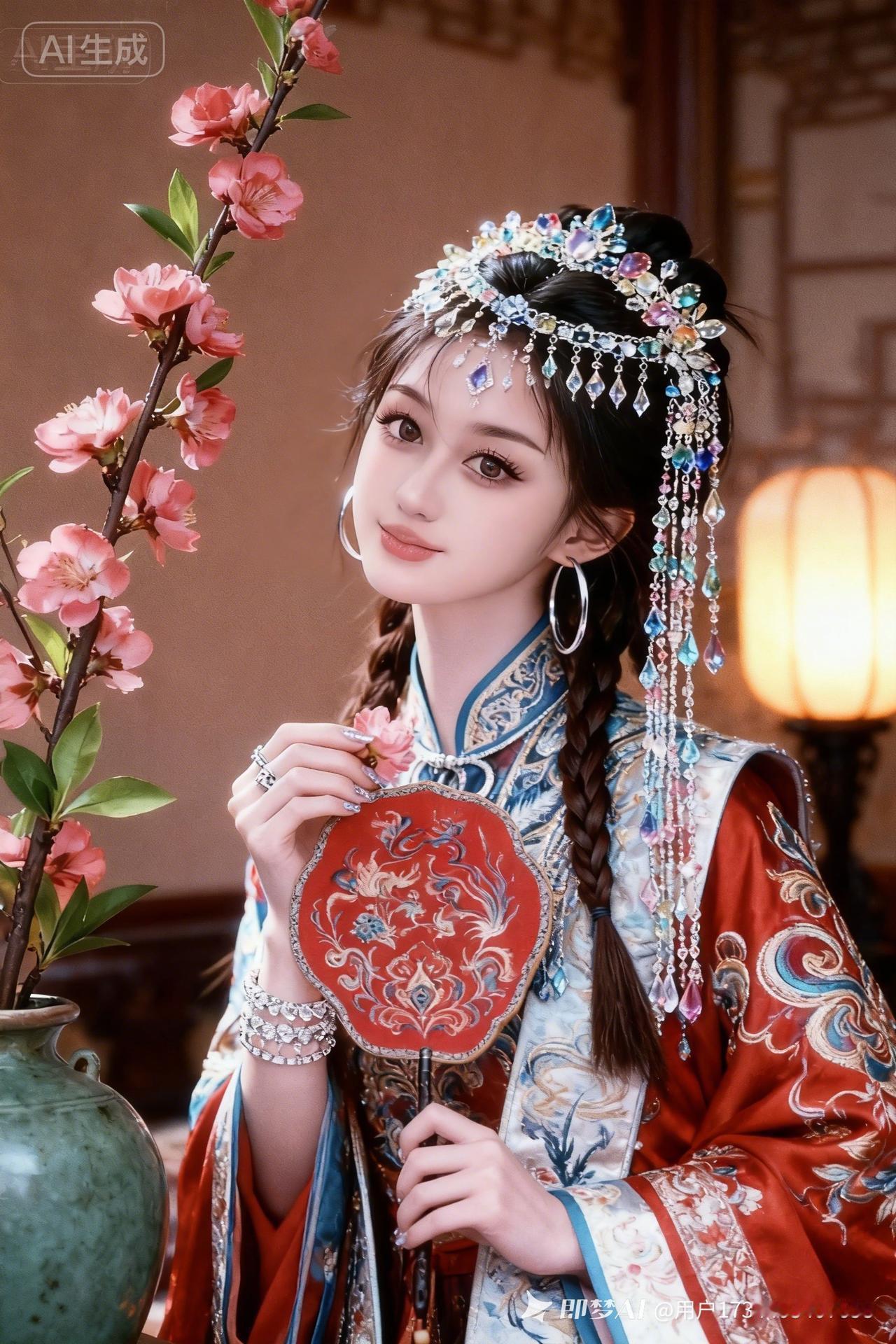 一位古装美人手持团扇，背景有樱花。