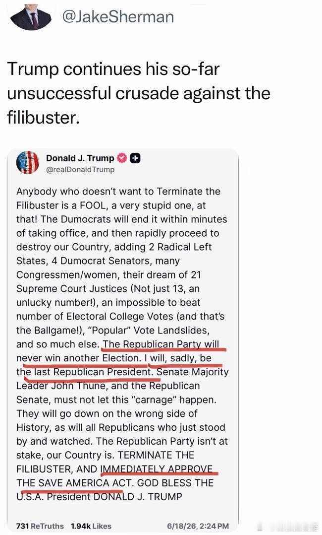 Trump周四凌晨从法国回到白宫当天立刻开始发帖，继续施压共和党议员通过《拯救美
