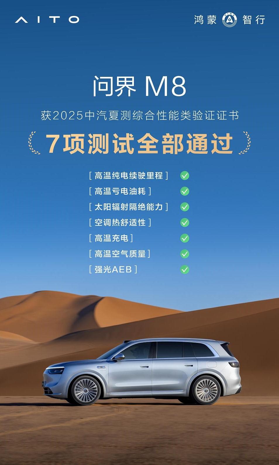 问界M8获得中汽夏测全科通关
 中汽夏测的科目还是很严苛的：高温状况下的纯电续航