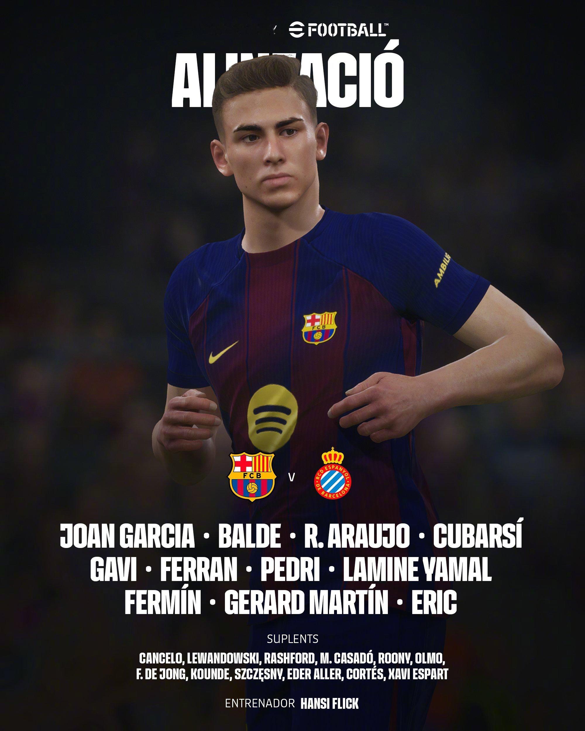 巴萨vs西班牙人🔥首发十一人🔥13. 乔安·加西亚 3. 巴尔德 4. 阿劳