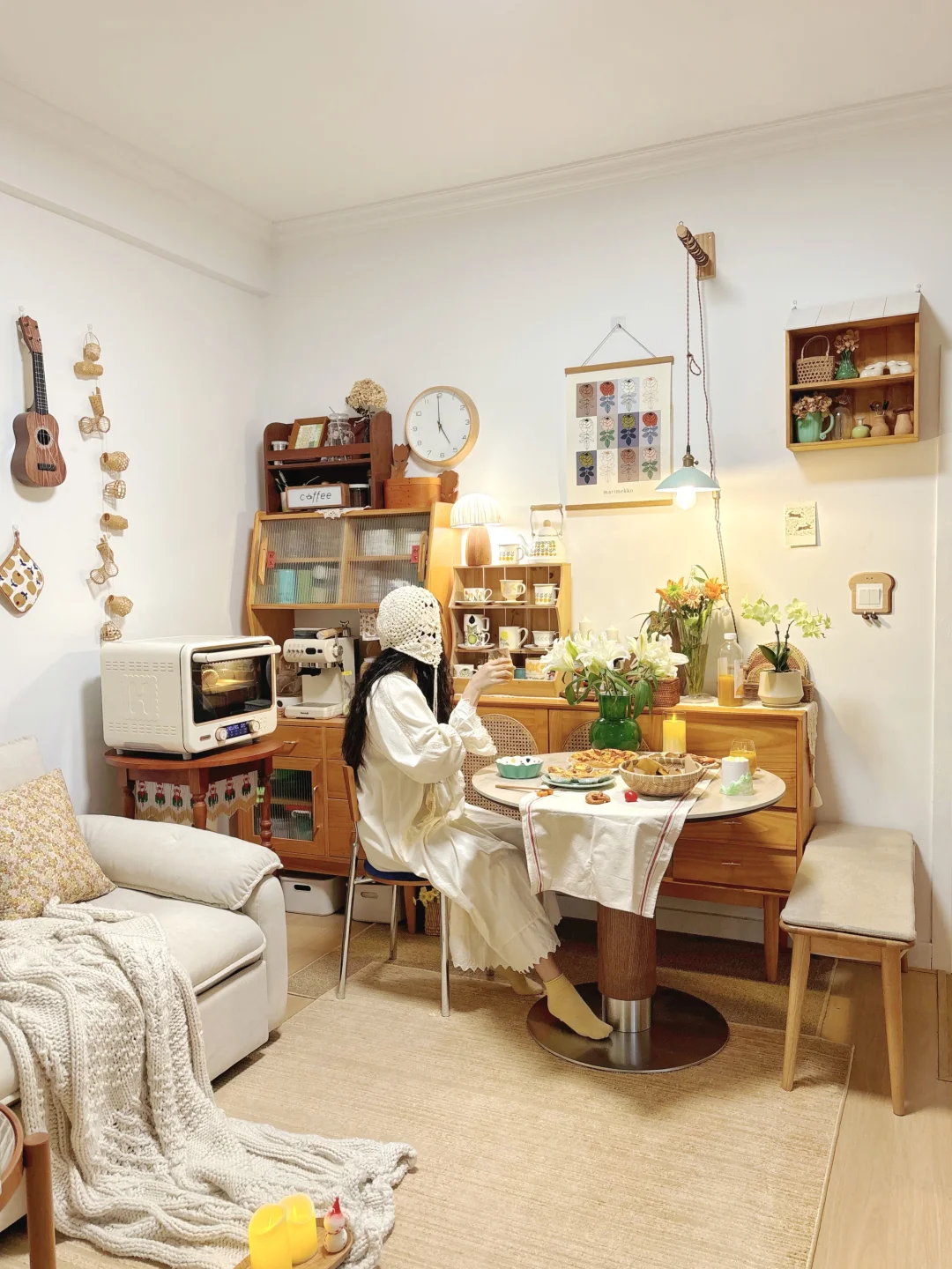 客餐厅一体复古原木风小家🍂 有烤箱更温馨