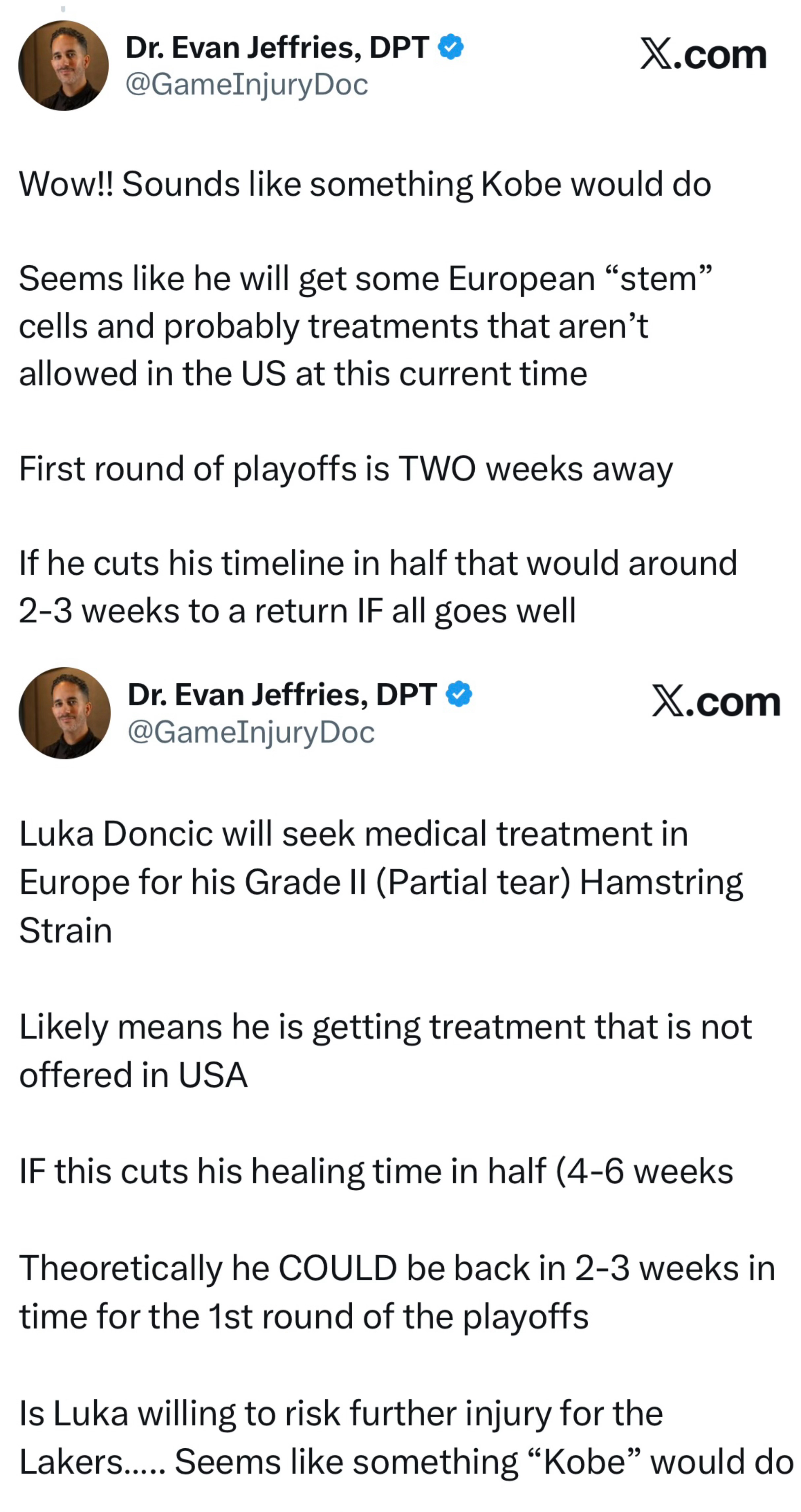 医学专家Dr. Evan Jeffries谈东契奇去欧洲治疗：这大概率意味着他正