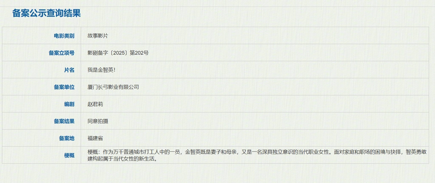 我是金智英立项  据国家电影局关于2025年1月上全国电影剧本（梗概）备案、立项