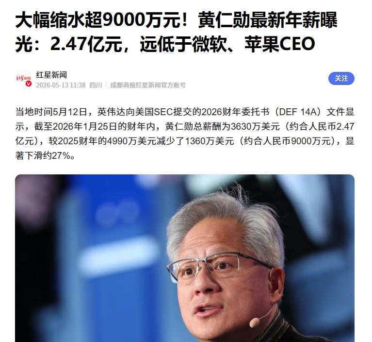 缩水超9000万，黄仁勋最新年薪曝光
 
据媒体报道，近日英伟达提交的2026财