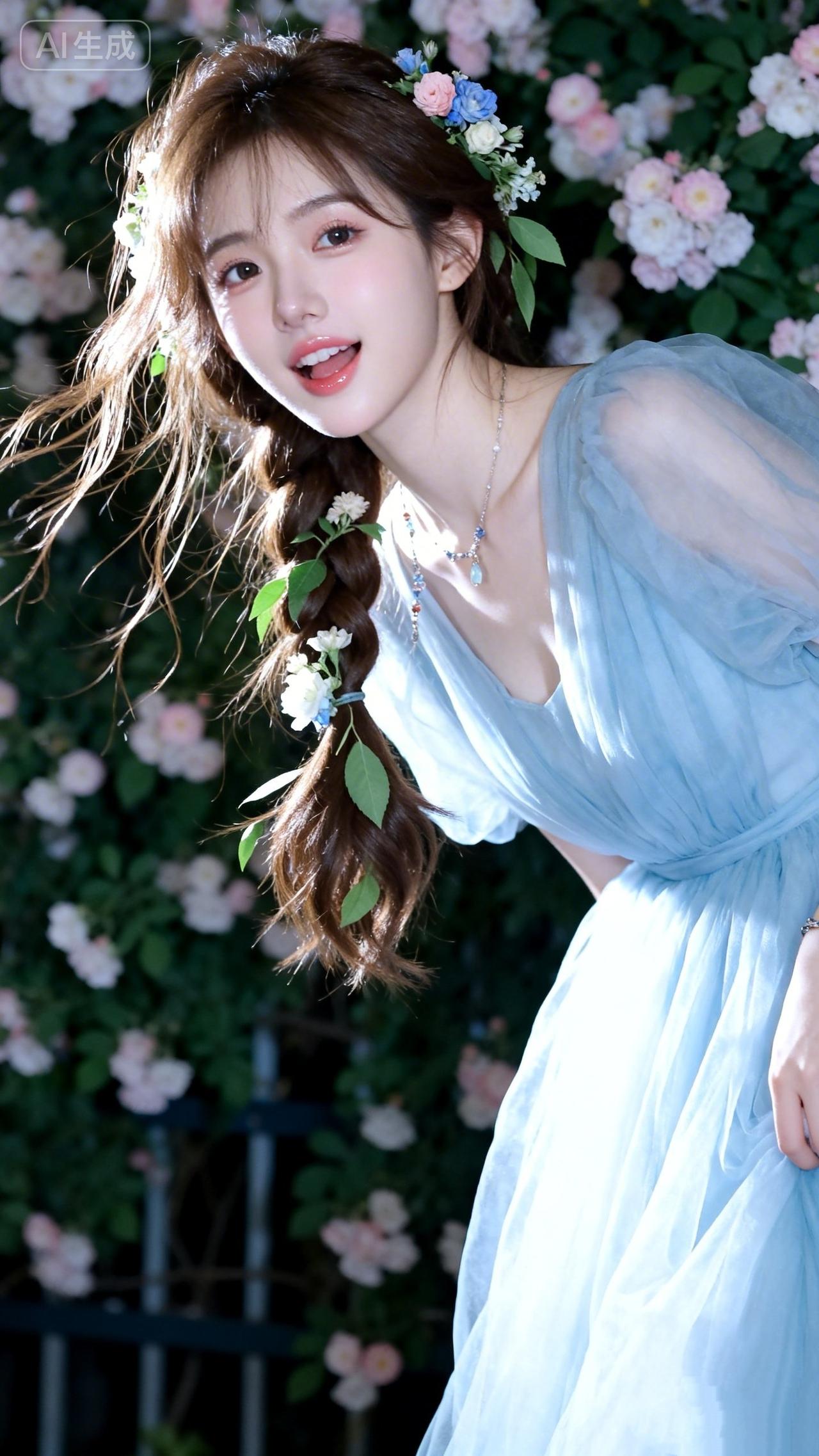 梦幻花海中的少女，轻盈飘逸的蓝裙，甜美笑容，宛如童话中的公主。分享一张最近随手拍