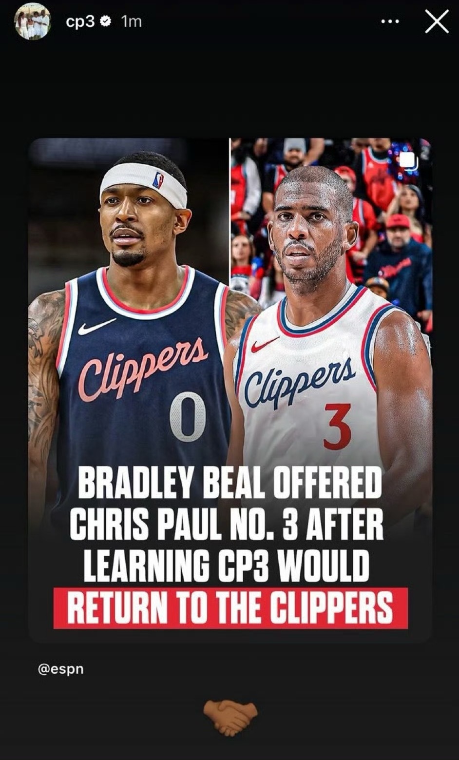 保罗通过社媒感谢比尔把3号球衣让给他 ​​​[心]保罗加盟快船 ​​​