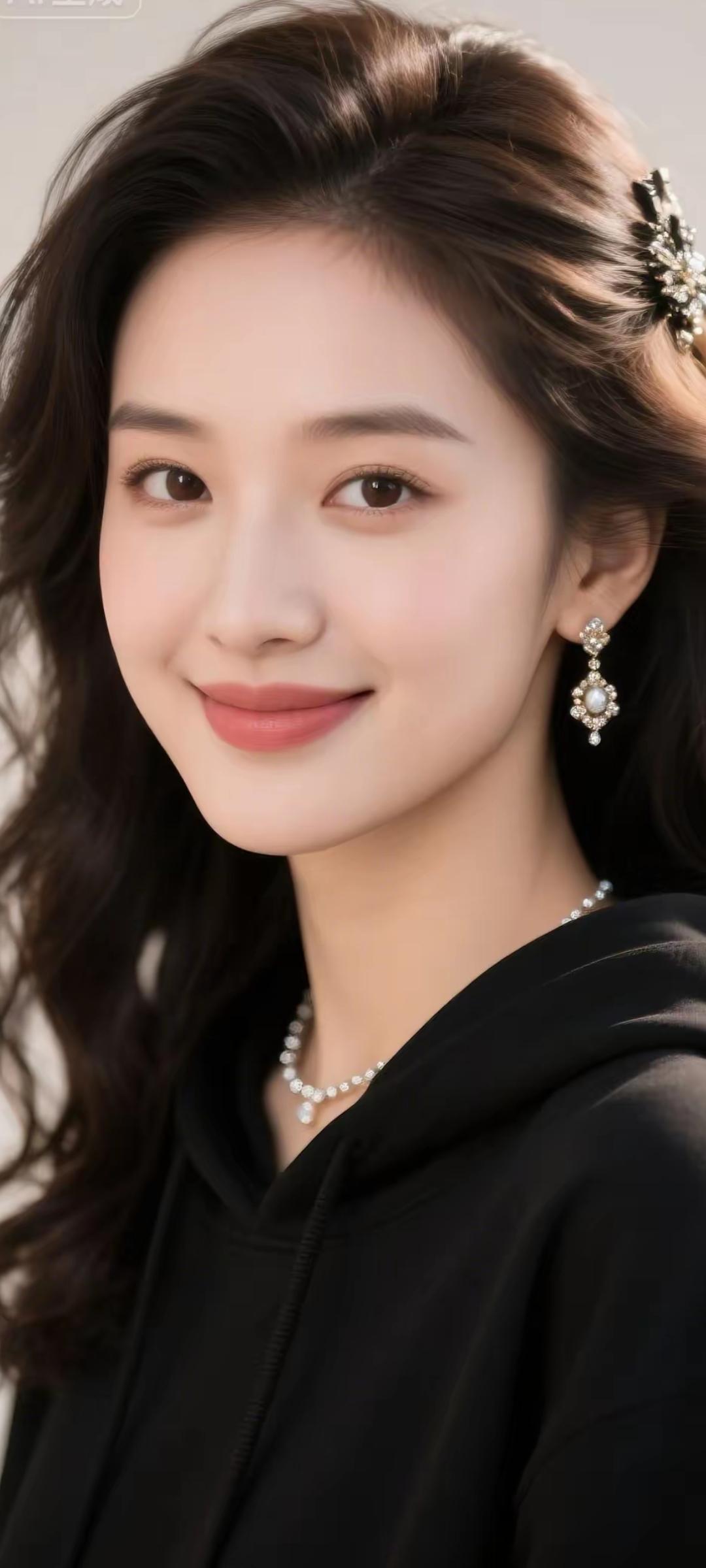 优雅黑发，珍珠项链，微笑动人，时尚穿搭