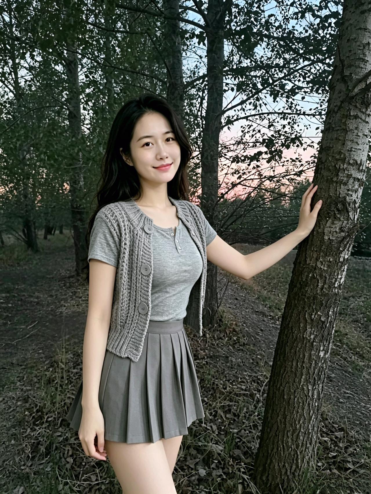 树木轻摇枝叶
河水慢敛余晖
你抬手、回眸、轻倚树干
每一个姿态
都和自然相融
没
