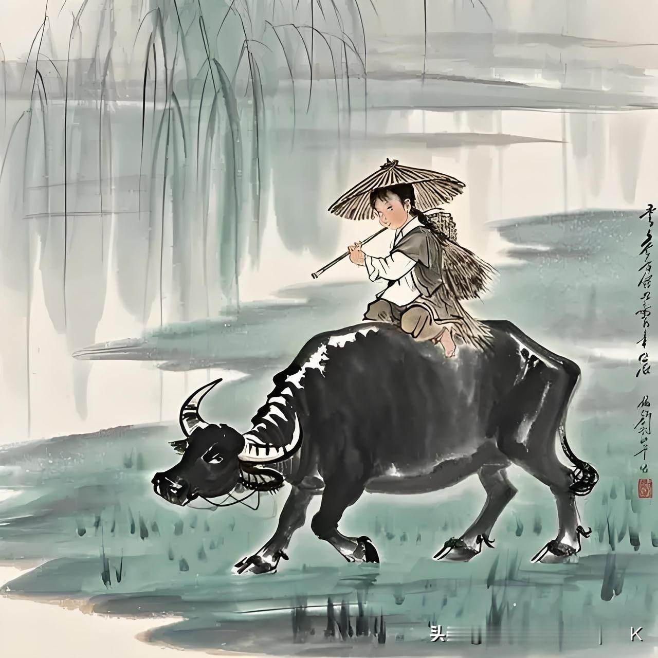 《夏晚野行》
——清·秦涌
牛背歌儿度远烟，
东风拍拍雨余天。
溪前忽露晴光晚，