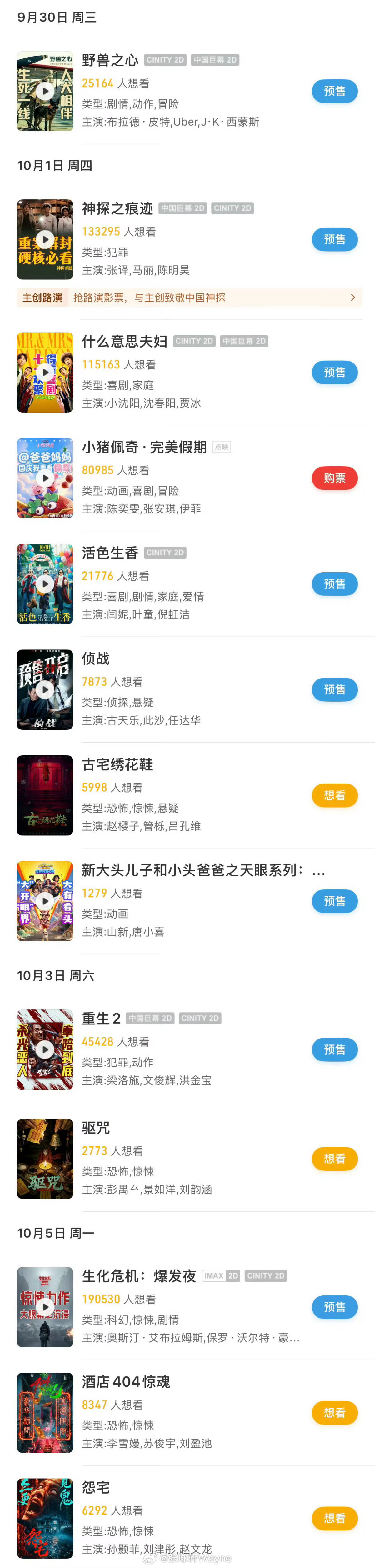 除今天的野兽之心，我国庆档看6部 ​​​