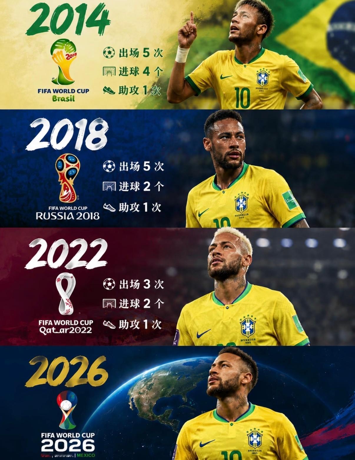 四届世界杯，内马尔值得一座大力神杯 