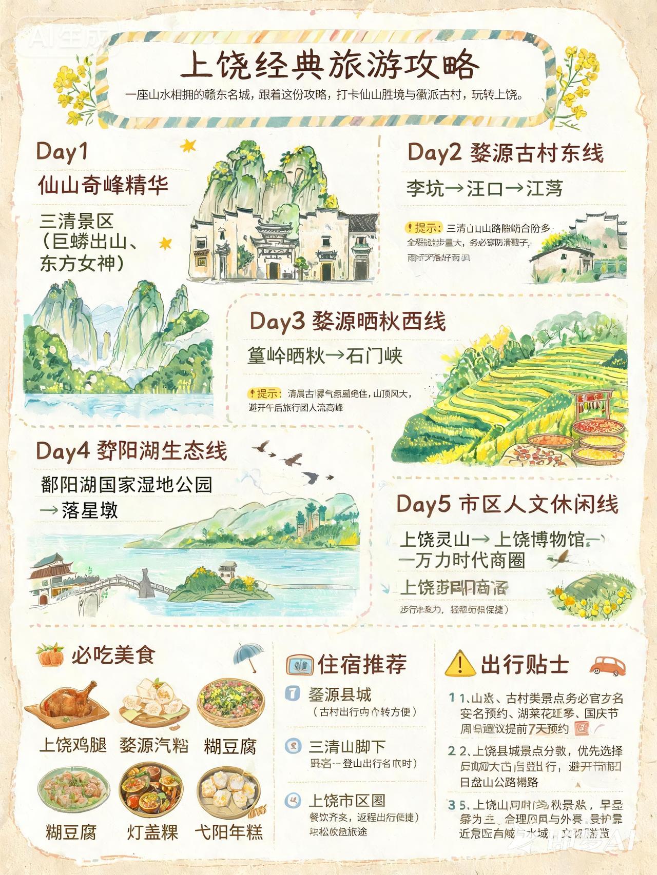 上饶经典旅游攻略：
1. Day1 仙山奇峰精华：三清山景区（巨蟒出山、东方女神