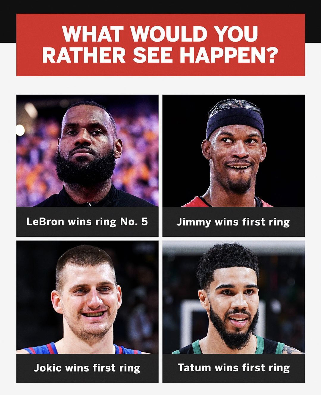 今年的NBA你希望看到什么样的结果？詹姆斯拿到第五冠还是巴特勒，约基奇或塔图姆拿