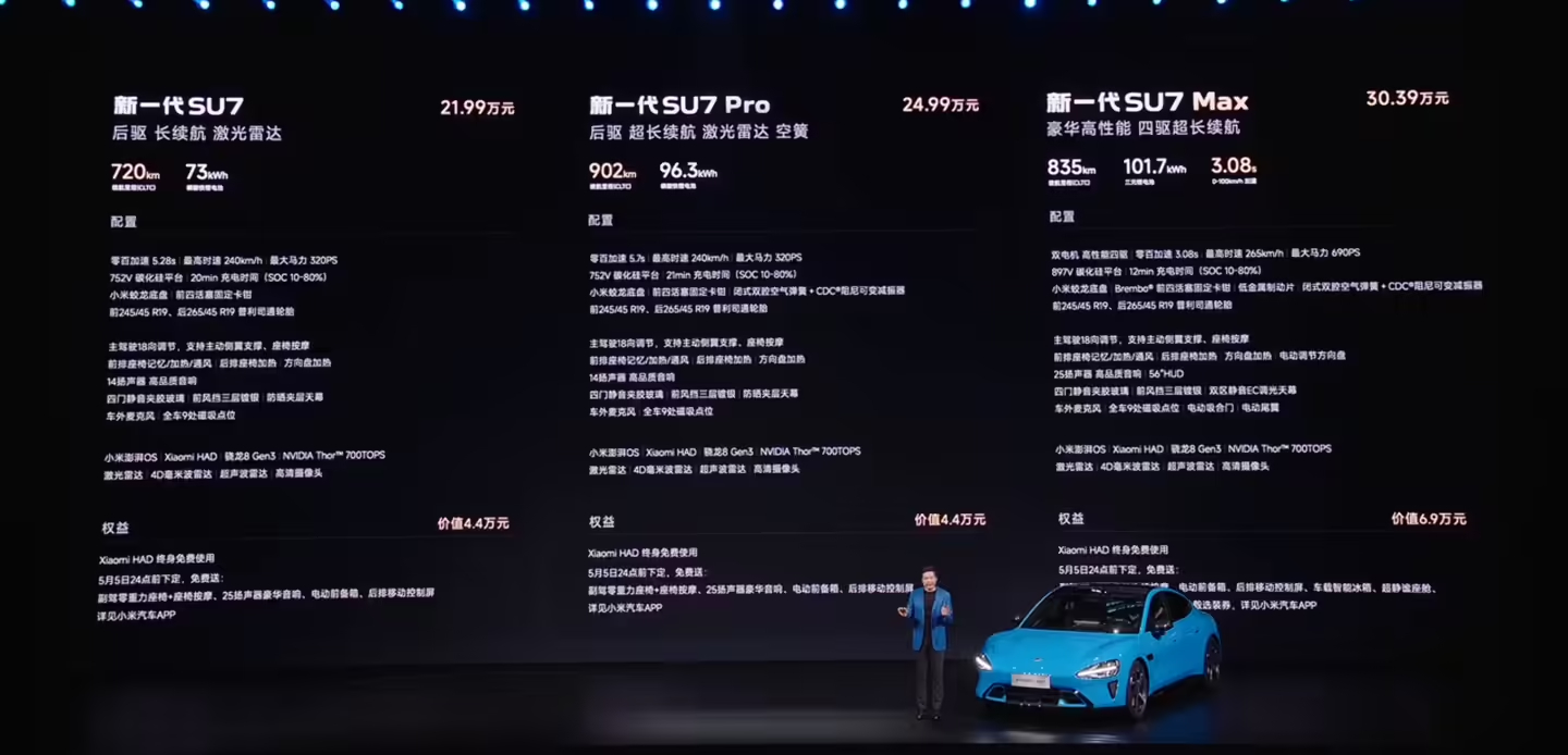 小米新一代 SU7 正式上市：标准版 21.99 万元、Pro 版 24.99 